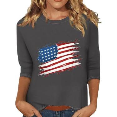 Imagem de Camiseta feminina bandeira dos EUA blusas patrióticas dia da independência camiseta 4 de julho gola redonda roupas de ajuste solto, Cinza, 4G