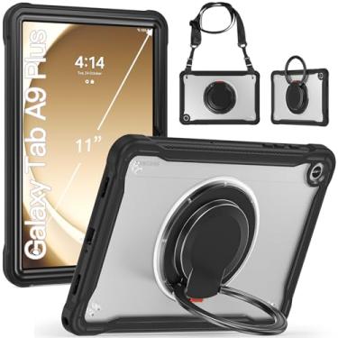 Imagem de Estojo protetor Capa compatível com Samsung Galaxy Tab A9 Plus (2023) SM-X210/216B, PC rígido + capa fina TPU, alça giratória de 360 ​​graus, suporte de suporte, capa robusta para serviço pesado com a