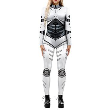 Imagem de Foksikely Macacão feminino 3D mecânico com estampa de esqueleto de robô de Halloween, fantasia cosplay, Branco-B, GG