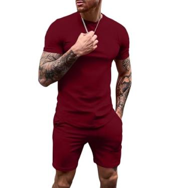 Imagem de Uni Clau Conjunto de camisetas masculinas de manga curta e shorts combinando casual agasalho de verão, Vermelho, M