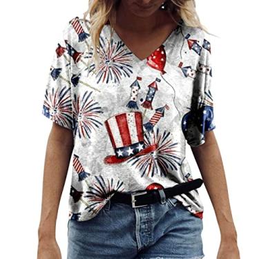 Imagem de Camiseta feminina com bandeira americana para o verão, dia da independência, listras estrelas, memorial Day, blusa de manga curta, Branco, GG