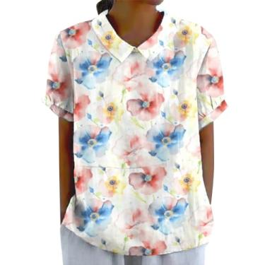 Imagem de Camisetas femininas casuais com estampa floral, manga curta, gola de lapela de verão, férias, praia, estampada, túnica, Branco, M