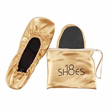 Imagem de Sapatos 18 femininos dobráveis portáteis para viagem balé sapato sem salto com estojo de transporte combinando, Gold Sh18-1, 5-6