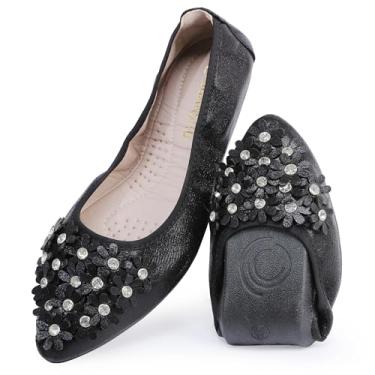 Imagem de Sapatilhas de balé femininas USANDY com strass dobráveis, Preto, 6
