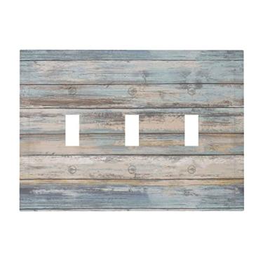 Imagem de Placa de parede de madeira azul turquesa 3 entradas interruptor de luz de interruptor de parede capa decorativa placa frontal elétrica para porta de celeiro rústica casa sala de estar decorar 17 cm x 4,8 cm