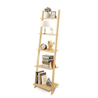 Imagem de Prateleira de escada de bambu de 5 camadas, prateleira inclinada para parede, prateleiras de canto para sala de estar, banheiro, cozinha, escritório, montagem simples