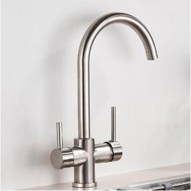 Imagem de Torneira de cozinha com filtro cromado, torneira de cozinha para água potável pura, montada no deck, alças duplas, misturador de água quente e fria de 3 vias, níquel escovado B