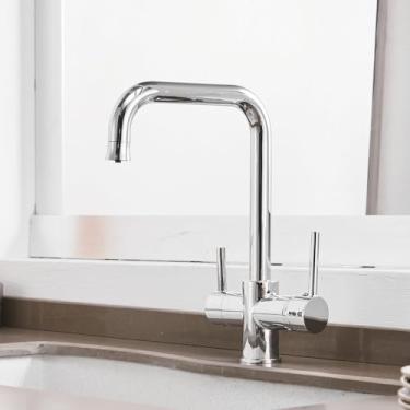 Imagem de Torneira com filtro de água cromada com duas alças para cozinha, torneira com filtro de água com rotação de 360 graus, misturador de pia de três vias, torneira de cozinha, cromada B