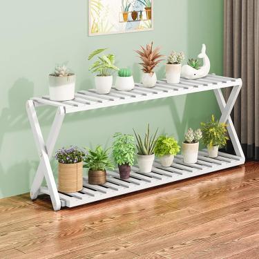 Imagem de Prateleira para escada de plantas de 2 camadas, suporte para flores de bambu, prateleira para exibição de plantas, prateleiras para flores, prateleira para plantador escalonada de canto, sup