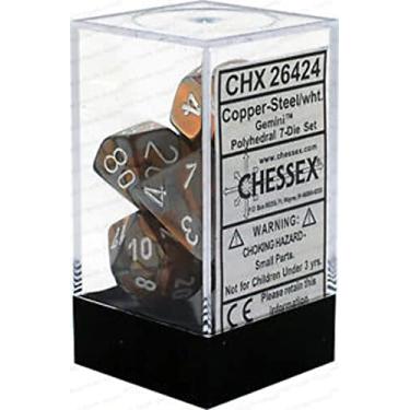 Imagem de DND Conjunto de dados - Chessex D&D Dice - 16 mm Gemini Cobre, Aço e Plástico Branco Conjunto de Dados poliédricos - Dungeons and Dragons Dice Inclui 7 Dados - D4 D6 D8 D10 D12 D20 D%