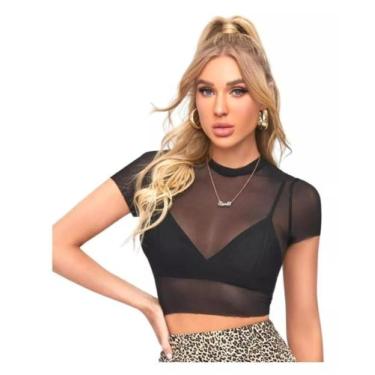 Imagem de Blusinha Blusa Tule Transparente Cropped Renda Alça Soltinha - RV MODA