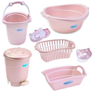 Imagem de Kit 7 peças banho bebe balde bacia lixeira organizador cesto sabonetei