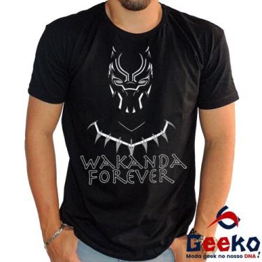 Imagem de Camiseta Wakanda Forever 100% Algodão Pantera Negra Geeko, Preto gola 