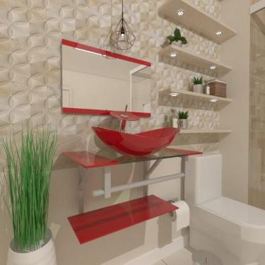 Imagem de Gabinete de vidro 60cm ac cuba oval com torneira cascata vermelho ferr