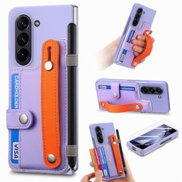 Imagem de Omio Capa carteira para Samsung Galaxy Z Fold 6 com suporte e suporte para caneta S, protetor de tela integrado, alça de pulso, suporte de cartão, capa traseira rígida de policarbonato à prova de