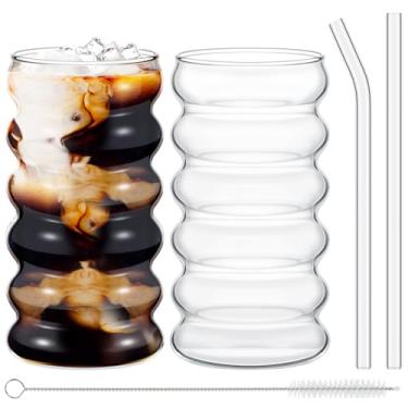 Imagem de Tessco 2 peças de copos de vidro criativos de 473 ml, copos de bebida com nervuras com pincel e palha, copos de espuma de vidro canelados, copos de café para cozinha, coquetel, chá, suco, cerveja,