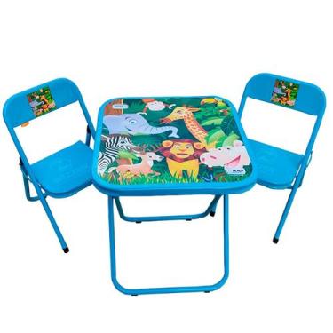 Imagem de Conjunto Mesa Mesinha Infantil e 2 Cadeiras Dobrável Até 40 Kg Azul Es