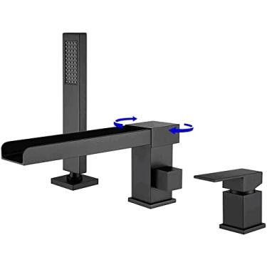 Imagem de Torneira para banheira TapLong com chuveiro de mão ampla com torneira de banheira romana, suporte para deck com 3 furos e torneira de alça única em preto fosco