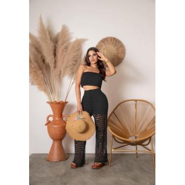 Imagem de Conjunto Saída De Praia Calça Pantalona Cropped Tricot Verão - Calu Tr