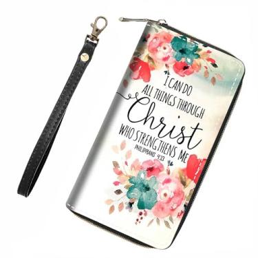 Imagem de ZXHSBROK Carteira feminina Skeleton Roses com porta-cartão de crédito, clipe para dinheiro, couro PU, zíper ao redor, carteira clutch, Citação Cristã Versículo da Bíblia Philippians 4-13