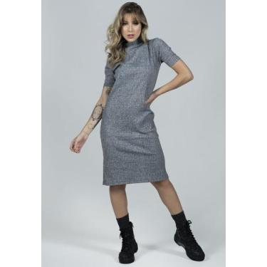 Imagem de Vestido Vekyo Midi Canelado Feminino Gola Alta, M, Mulher, Cinza