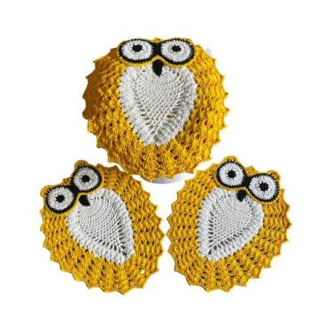 Imagem de Jogo de Tapete Banheiro Em Crochê 3 Peças Coruja - Romacris Bordados, 