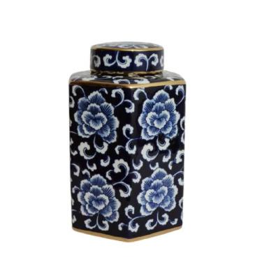 Imagem de Potiche Sextavado Porcelana Florais Azul Filete Ouro Formosa - LUXdeco