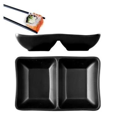 Imagem de Molheira Dupla Bipartida Melamina Preto p/ Molho Shoyu Sushi - Best