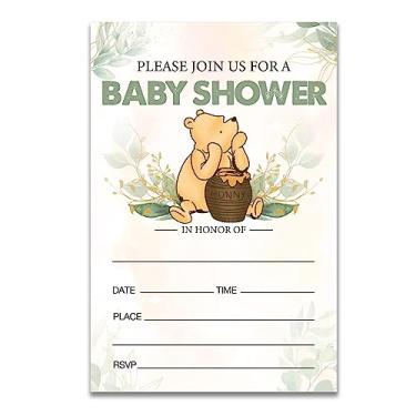 Imagem de Dolimifa Convites clássicos para chá de bebê com tema Ursinho Pooh Preencha o estilo Greenery Pooh Honey Bear Gênero Neutro Baby Show, 20 unidades com envelopes