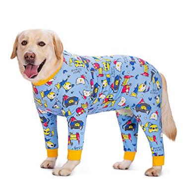 Imagem de Terno de recuperação de cães com desenho azul para cães após cirurgia, traje antiqueda, body grande para cães após cirurgia, para machos fêmeas, ferimentos abdominais, esterilização ou doenças de pele