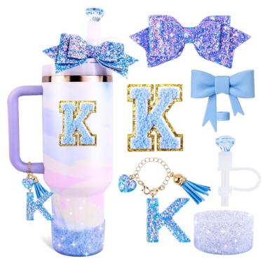 Imagem de Lingdeer Conjunto de Acessórios para Copos Azuis para Copos Stanley de 30 Onças e 40 Onças com Alça, Pingentes de Letras, Capas de Canudo com Laço e Diamante, Capa de Silicone com(Tamanho Único, Azul)