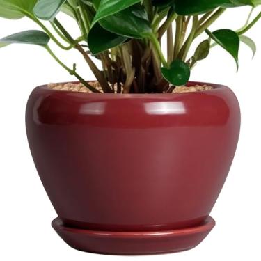Imagem de Ceramicfor Vaso de cerâmica para plantas – Vaso de plantas de 15 cm para ambientes internos com orifício de drenagem e pires, suculenta, vaso de flores redondo para decoração de pátio de casa