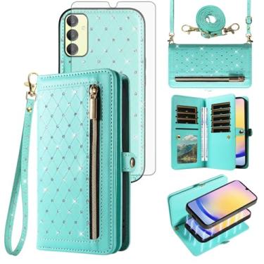 Imagem de Asuwish Capa de celular para Samsung Galaxy A25 5G/A24 4G/M34/F34 /F34 carteira destacável com protetor de tela alça transversal com glitter flip porta-cartão de crédito A 25 25A 24A LTE feminino