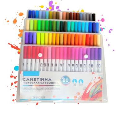 Imagem de Canetinha Ponta Dupla para Colorir Kit Estojo de Canetas Escolar Marcador Coloridas Permanente Duas Pontas Desenho Ponta Fina (80 CORES)