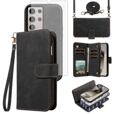 Imagem de Asuwish Capa de celular para Samsung Galaxy S24 Ultra 5G com zíper carteira magnética destacável com protetor de tela de vidro temperado, cordão transversal, compartimento para cartão S24Ultra 24S S