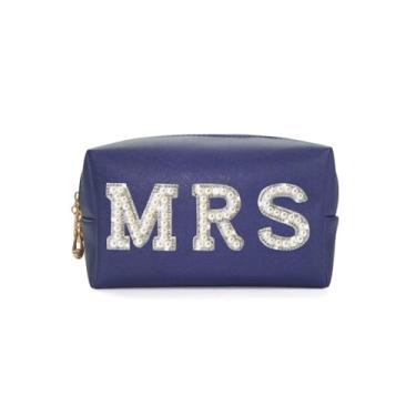 Imagem de owiter Mrs Cosmetic Bolsa grande - Remendo branco Varsity Letter MRS Higiene Pessoal Big Bag Pérola Strass Letras Remendos Grande Maquiagem Bolsa PU CB002, Azul marino, Casamento