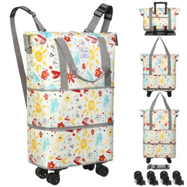 Imagem de VOOWO Bolsa esportiva com rodas – bolsa esportiva dobrável expansível com rodas para viagem, bolsa de transporte com rodas, mochila grande com rodinhas para homens e mulheres, Flor, duffle