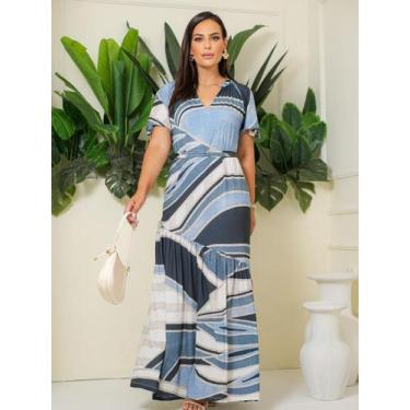 Imagem de Vestido Longo Estampado Soltinho Moda Evangélica - Fashion, Azul, M