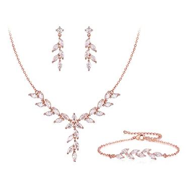 Imagem de Crysdue Conjunto de brincos com pingente de colar de zircônia cúbica banhado a ouro rosa e prata 14K, Latão, Zircônia cúbica