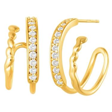 Imagem de BENEIGE Brincos de argola femininos de argola aberta em forma de C banhado a ouro 14 K Boho praia simples delicado feito à mão hipoalergênico diário joias, Latão, Zircônia cúbica