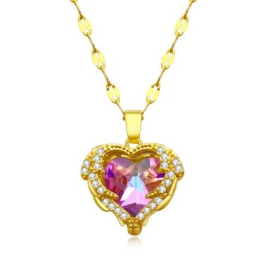 Imagem de GMAYO Colar com pingente de cristal em forma de coração, roxo, coração do oceano, banhado a ouro 18k, para todas as mulheres, 47 cm, incrustação de zircônia cúbica, Banhado a ouro, Zircônia cúbica