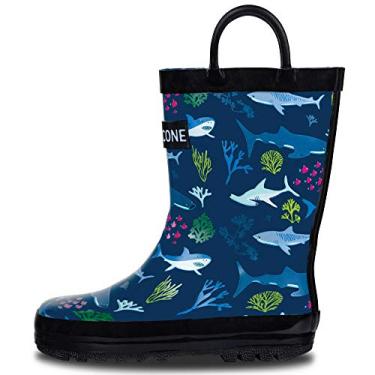 Imagem de Botas de chuva LONECONE com alças fáceis de colocar em padrões divertidos e cores sólidas para crianças e bebês, Shark Attack, 4 Toddler