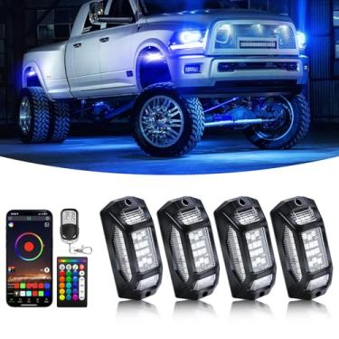 Imagem de 4 módulos RGB LED Rock Lights 5 lados com controle remoto APP/RF, IP68, à prova d'água, luzes externas neon multicoloridas, 12 V para caminhão, Jeep, UTV, ATV, carrinho de golfe, RZR, caminhonete