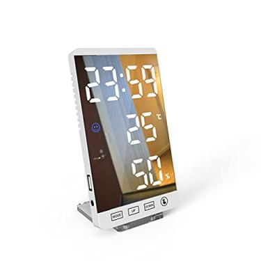 Imagem de SUMOR Despertador com espelho de 15 cm LED despertador com controle de toque, relógio digital de parede, visor de temperatura, umidade, USB, relógio de mesa para quarto, casa, relógio de mesa (branco