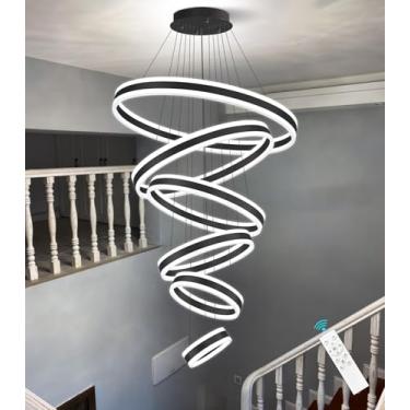 Imagem de dolria 6 Anéis Modernos Led Lustres Grande Teto Alto Lustre Para Foyer Preto Regulável Longo Mão Luminária Para Sala De Estar Entrada Villa Escada 3000K-6000K