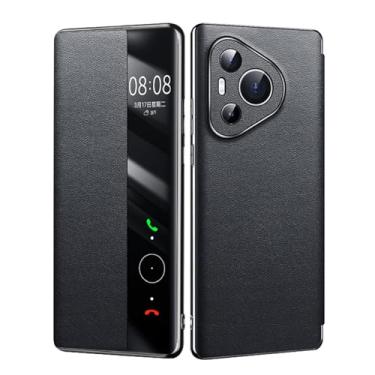 Imagem de Preto, 70 Pro +, Capa de couro genuíno HAO RIYLN para Huawei Pura 70 Pro +/70 Pro/70, janela de visão clara, capa de proteção fólio, capa de luxo completa à prova de choque