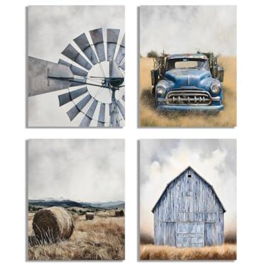 Imagem de NIIORTY 4 conjuntos de arte rústica de parede de casa de fazenda, moinho de vento vintage, caminhão azul clássico, campo de fardos de feno, impressões em tela de celeiro azul, decoração de casa