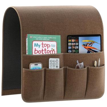 Imagem de QingLemon Organizador de apoio de braço antiderrapante suporte de controle remoto para poltrona, poltrona, sofá reclinável, cabeceira, com 6 bolsos de armazenamento para tablet, telefone iPad (café