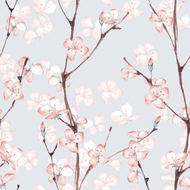 Imagem de Papel De Parede Autocolante Floral Amendoeira Flor Rosa Ramos Azulado 10m