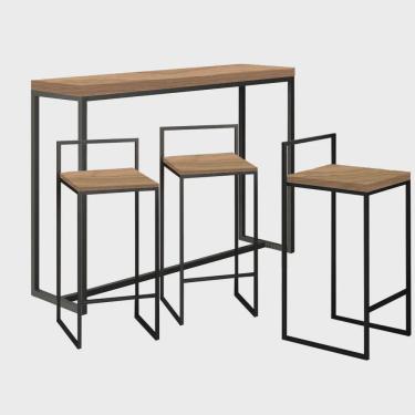 Imagem de Kit 3 Banquetas Lino + 1 Mesa Bancada Aparador Mavie 150cm Industrial Ferro Preto 100% mdf Demolição - Ahazzo Móveis